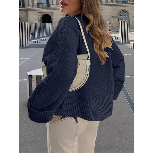 Women's Oversized Sweater Fuzzy Navy Blue Long Sleeve Casual Chunky Pullover - Picture 8 of 8